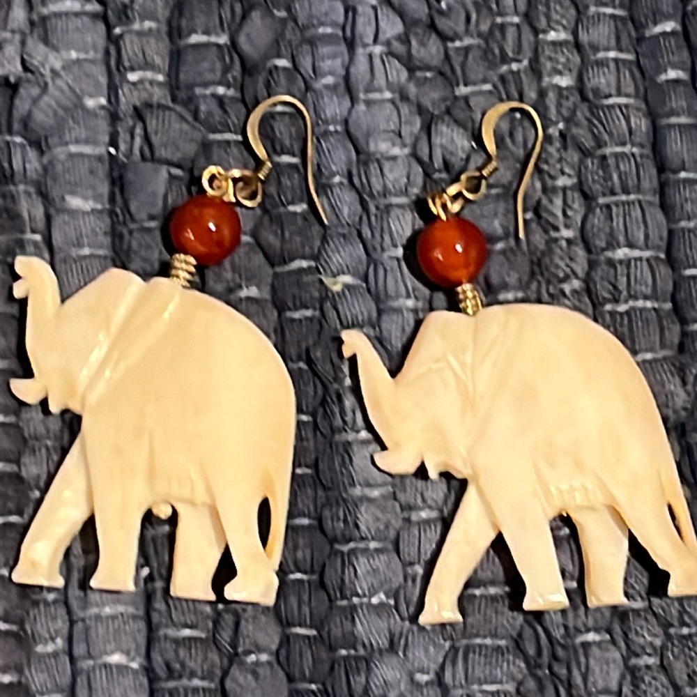 Vintage Artisan Made Large Carved Bone Elephant Earrings With Carnelian Beads